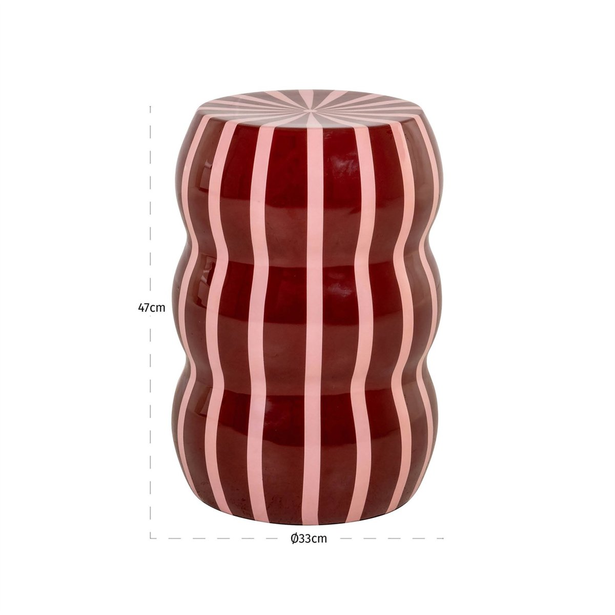 Table d'appoint ronde en fer courbé rouge brillant rayé rose, RECOLLECTION