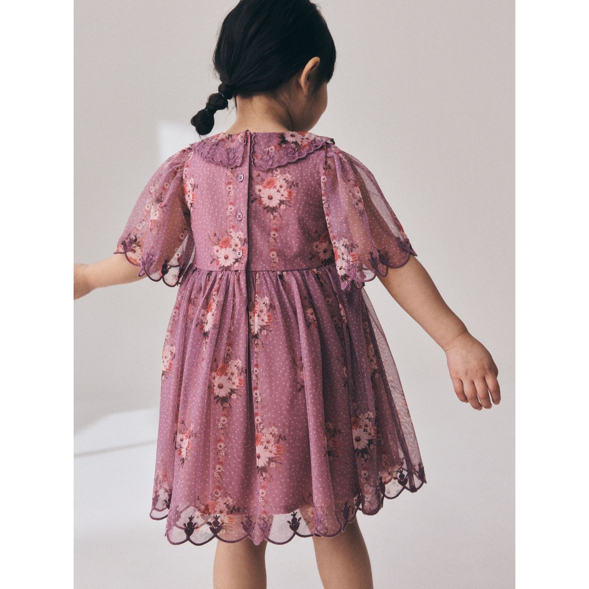 Robe soirée manches courtes col dentelle violet à fleurs, NEXT
