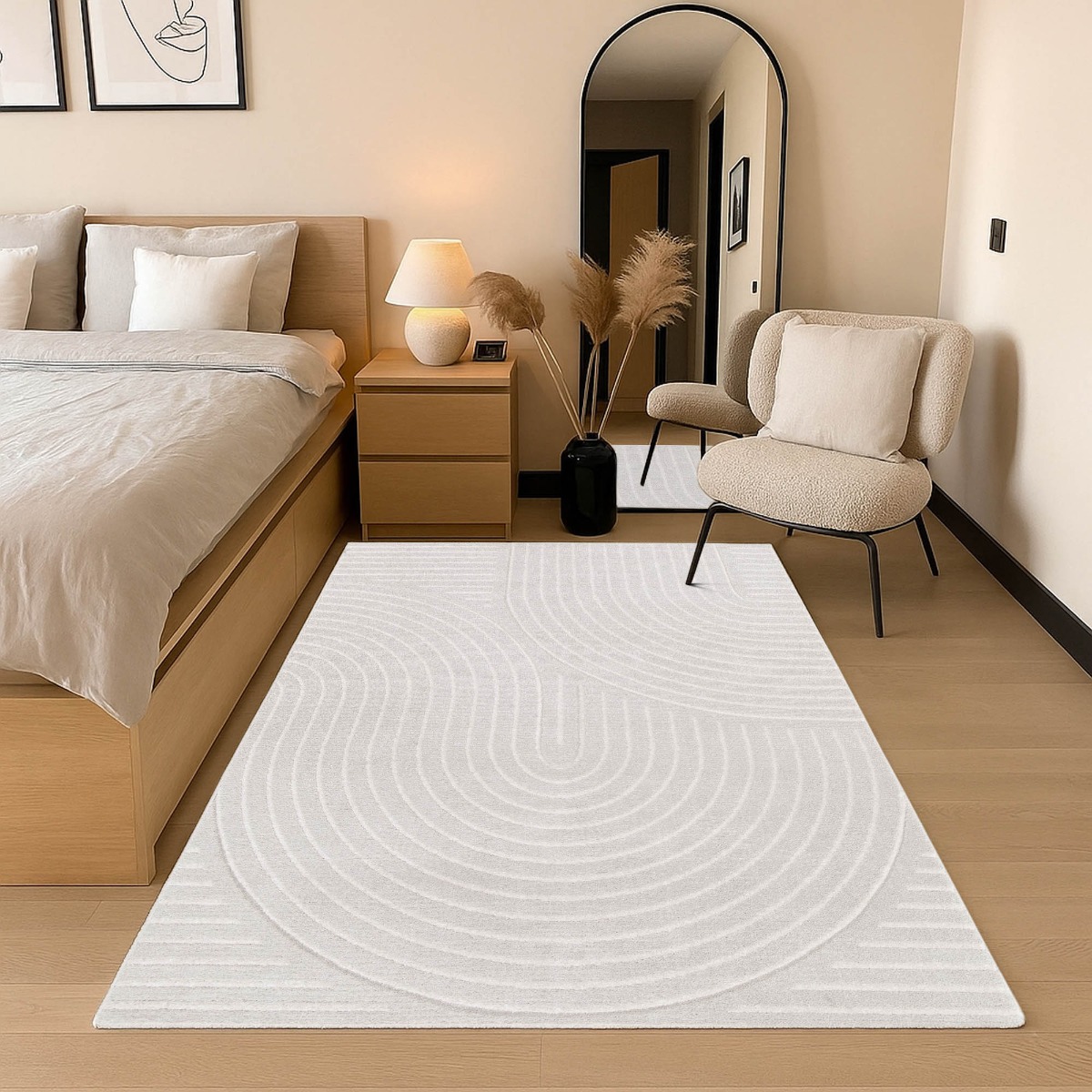Tapis doux à relief abstrait géométrique  LUNE courbes blanches, THE DECO FACTORY