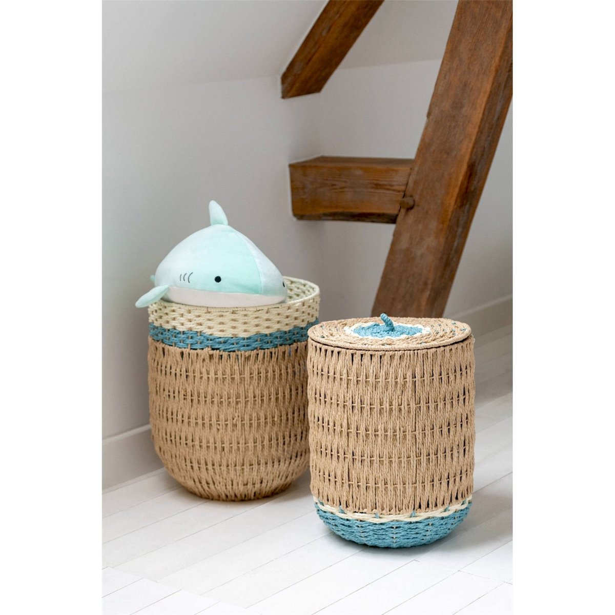 Lot de 2 paniers avec couvercle en papier naturel et bleu clair, RECOLLECTION