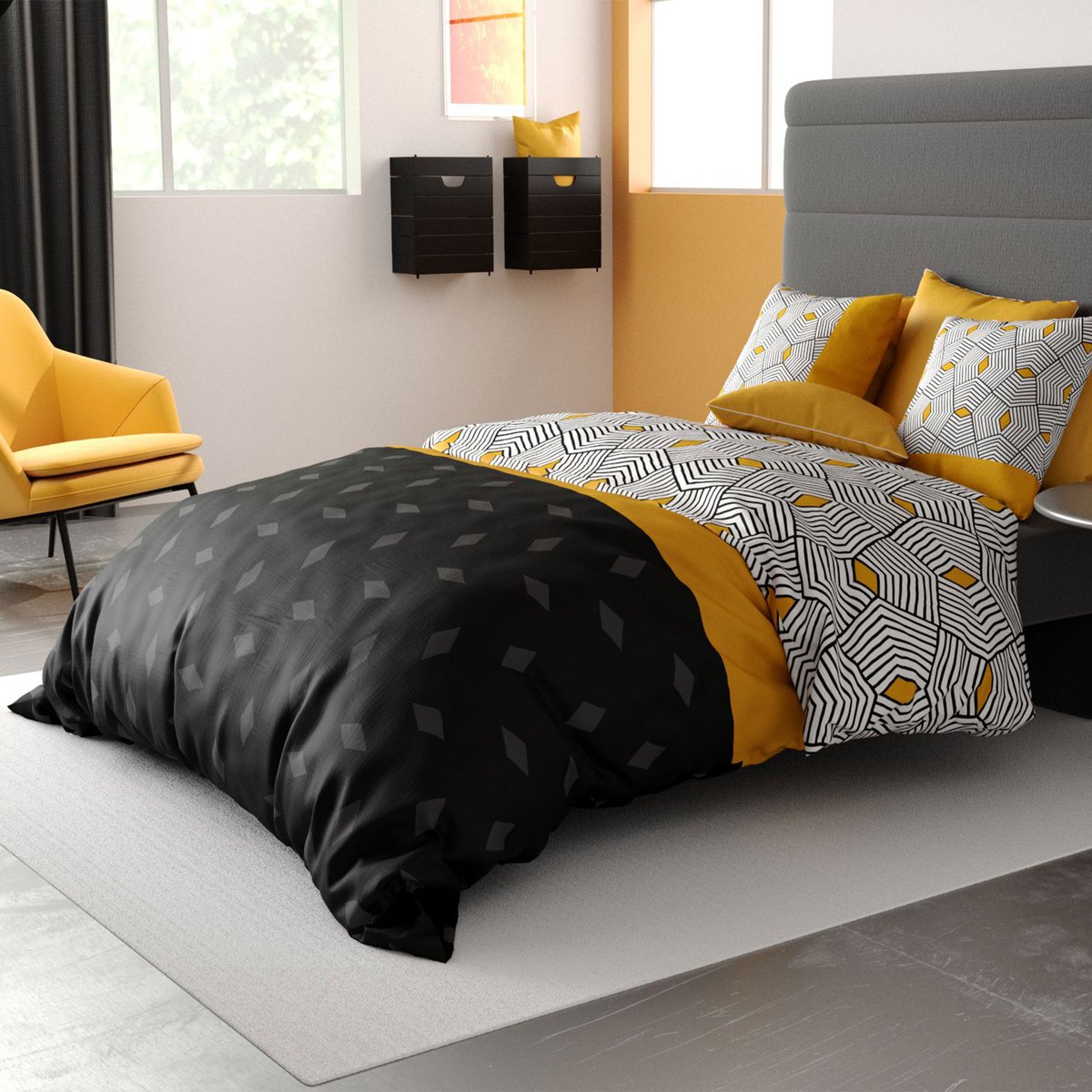 Parure de lit en 100% coton à motifs avec housse de couette + taie d’oreiller noir, EDEN