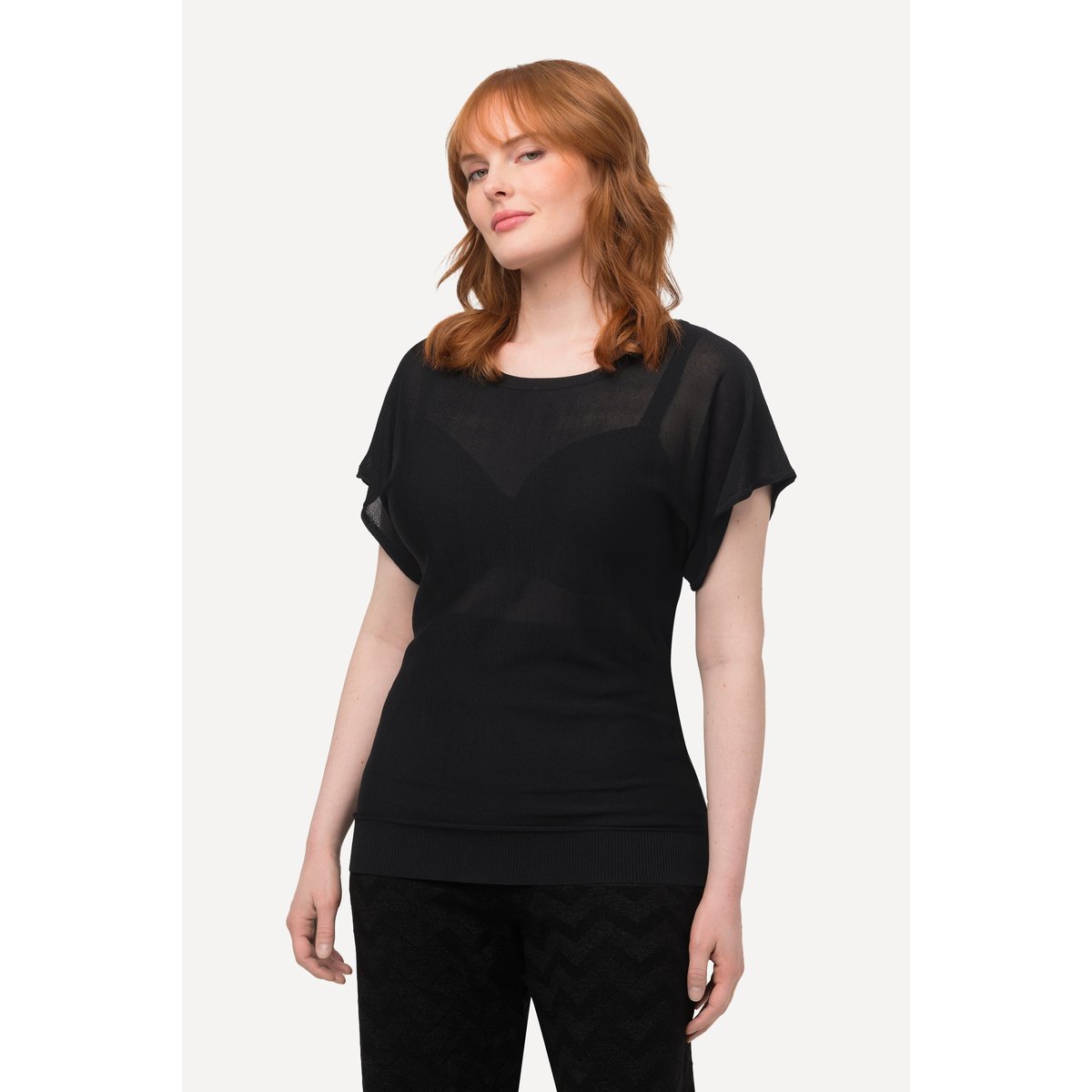 T-shirt en lin mélangé à col rond et manches noir, ULLA POPKEN
