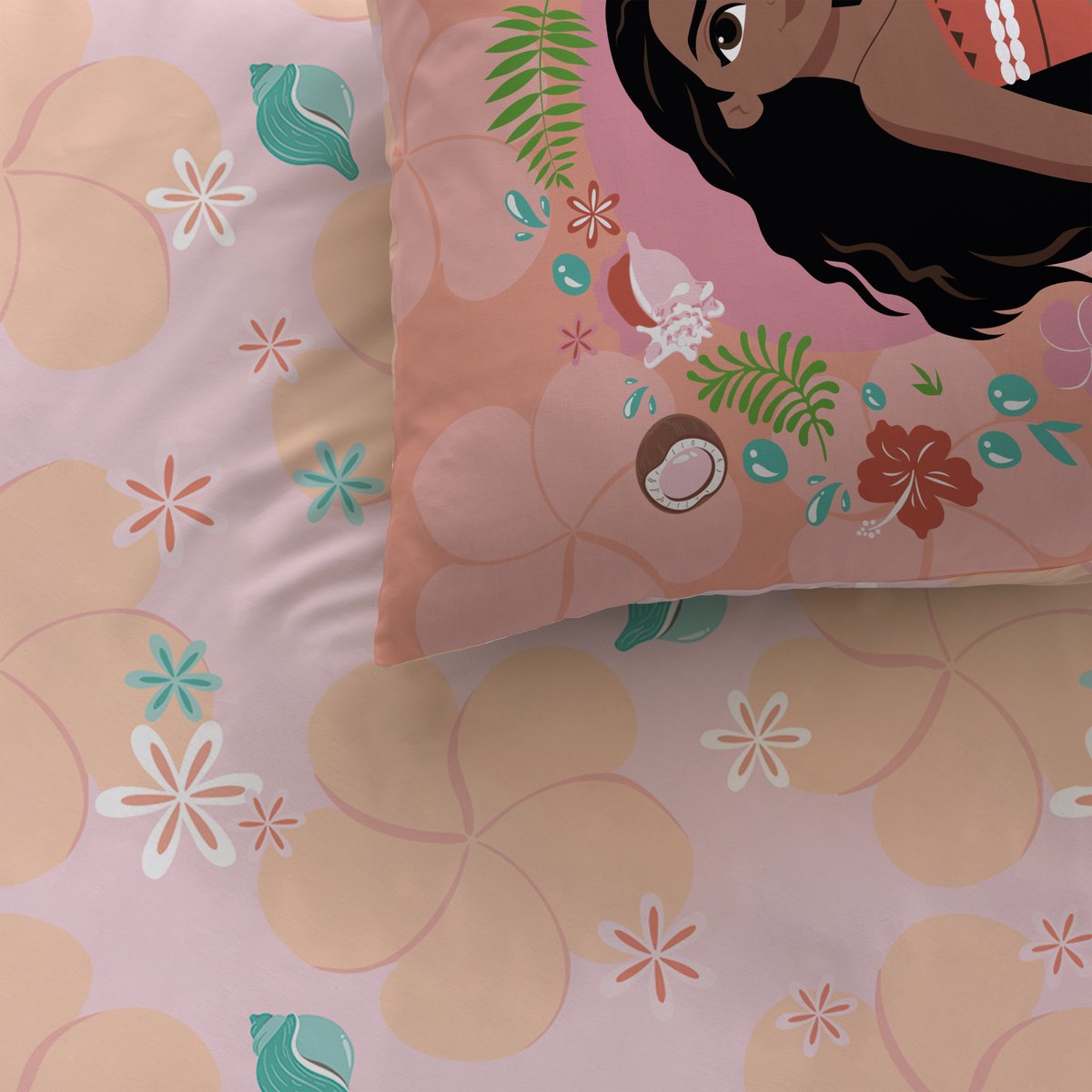 Parure de lit imprimée 100% coton, VAIANA FLEUR rose, DISNEY PRINCESS
