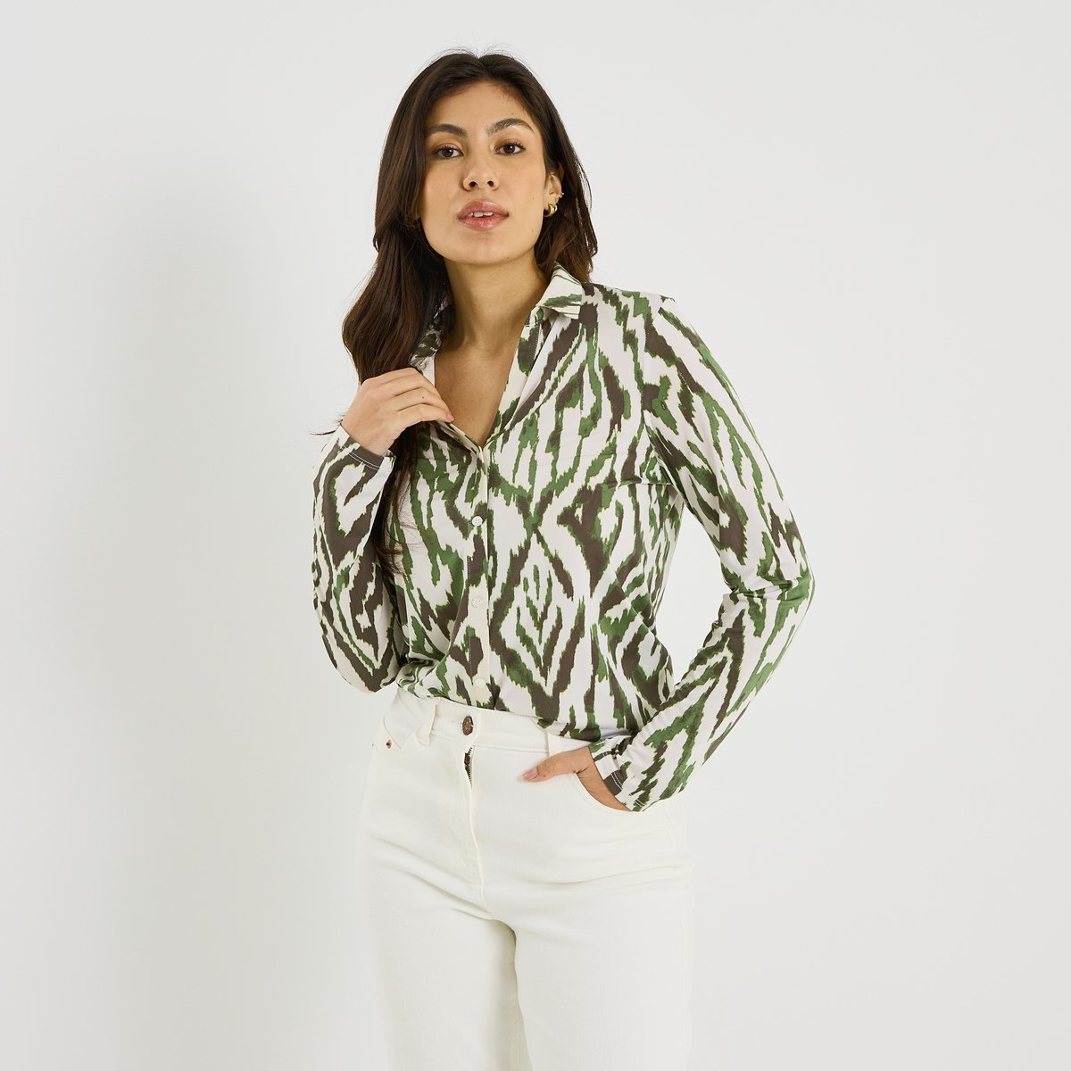 Chemise en maille fluide imprimée vert kaki, GRAIN DE MALICE