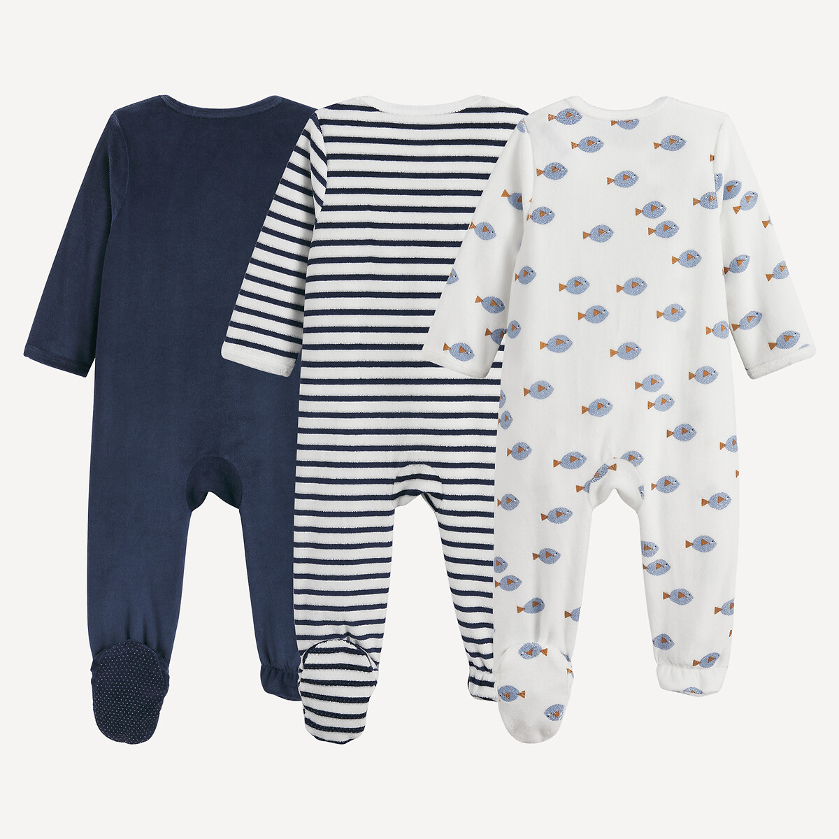 Lot de 3 pyjamas 1 pièce, en velours, motifs poissons et rayures ecru + bleu marine + rayé , LA REDOUTE COLLECTIONS