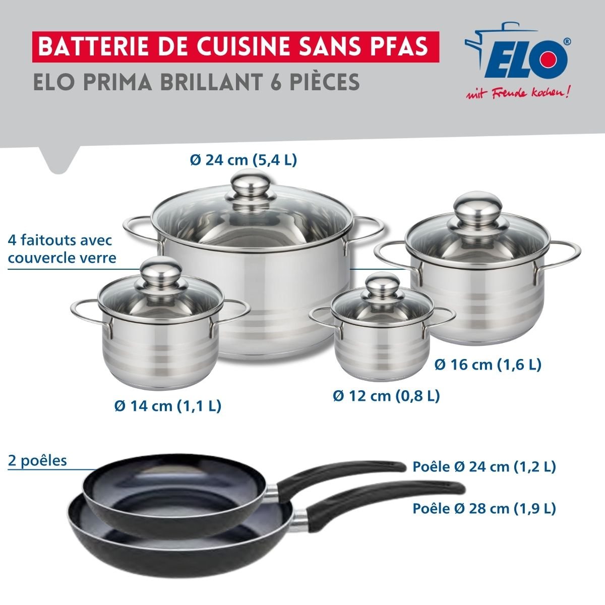 2 poêles 24/28cm + 4 faitouts 12/14/16/24cm PRIMA BRILLANT noir, ELO