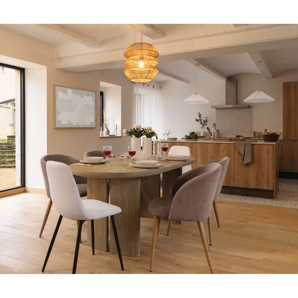 Table à manger en bois 6 places LOUSADA beige, ATMOSPHERA