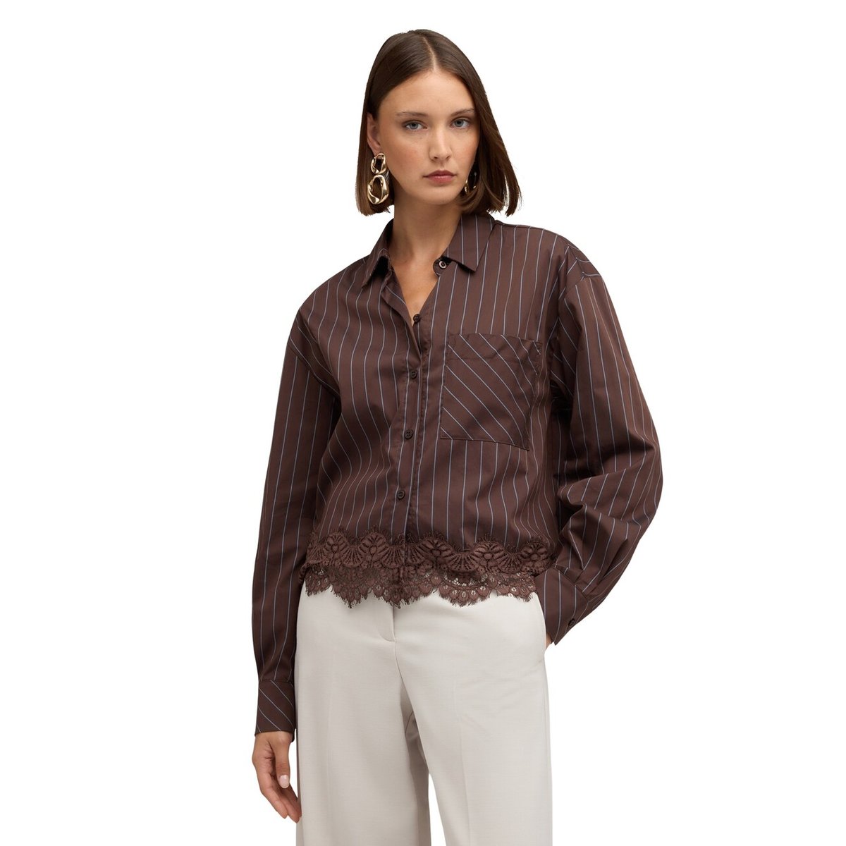 Chemise rayée avec dentelle marron, MOTIVI