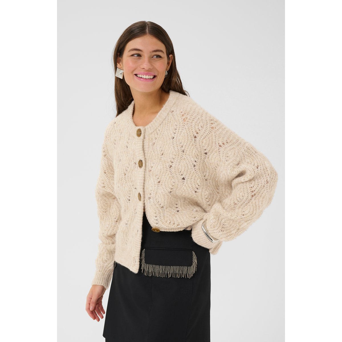 Cardigan à tricot beige oyster gray solid melange, CULTURE