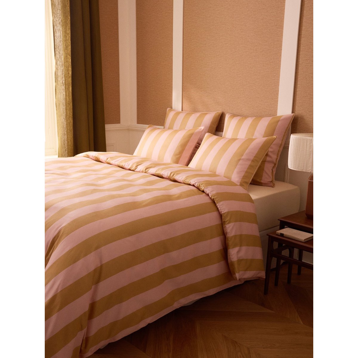 Housse de couette satin de coton "MAXINE" rayure rose, CYRILLUS