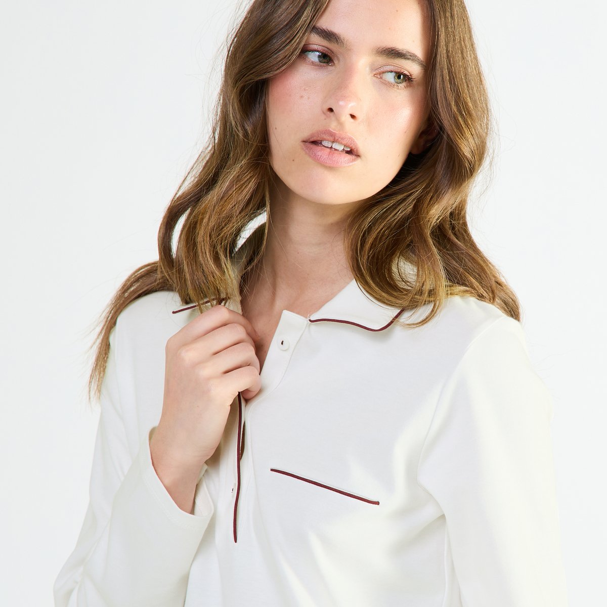 Chemise de nuit longue col polo en coton MYSTÉRIEUSE ecru, LAURENCE TAVERNIER
