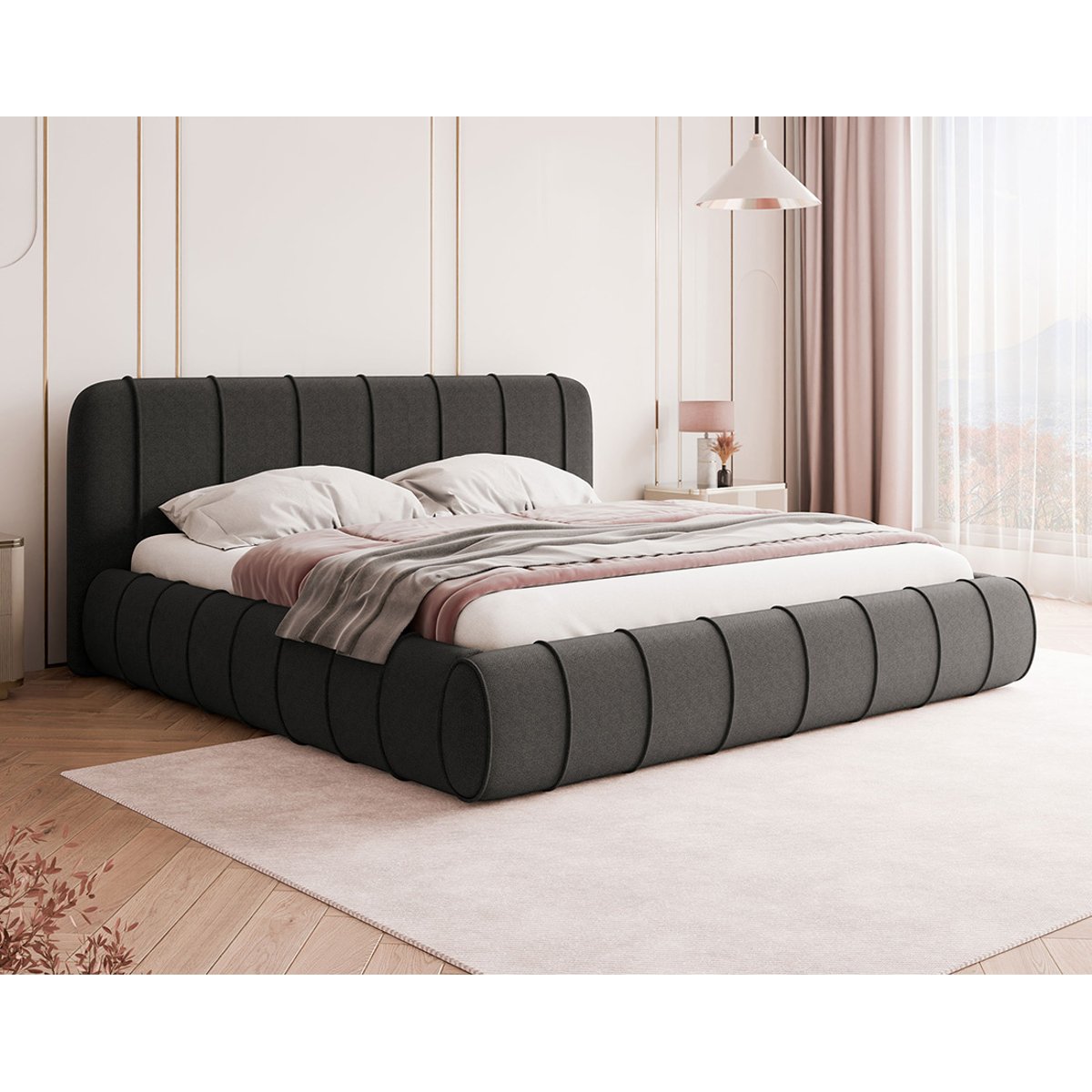 Lit coffre en velours sommier inclus, ELSA gris, BEST MOBILIER