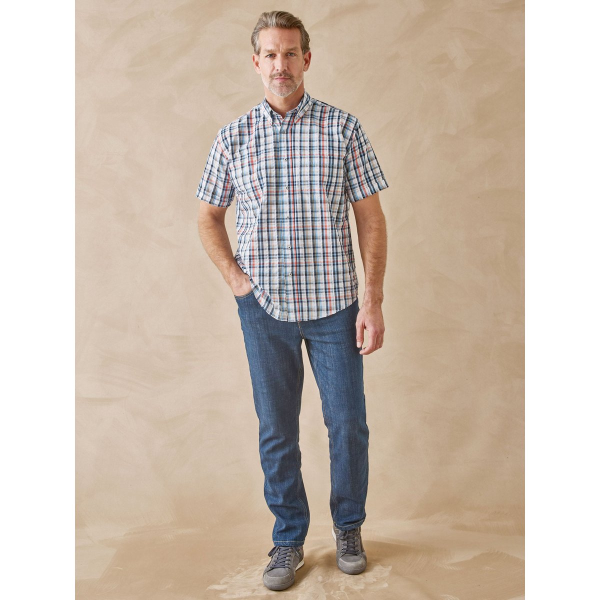 Chemise tissu léger et gaufré carreaux corail/bleu, DAXON