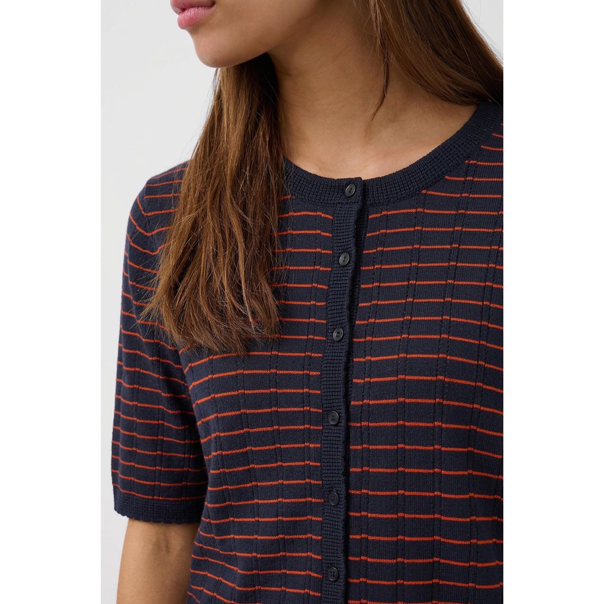 Cardigan à tricot bleu navy w pumpkin stripe, SOAKED IN LUXURY