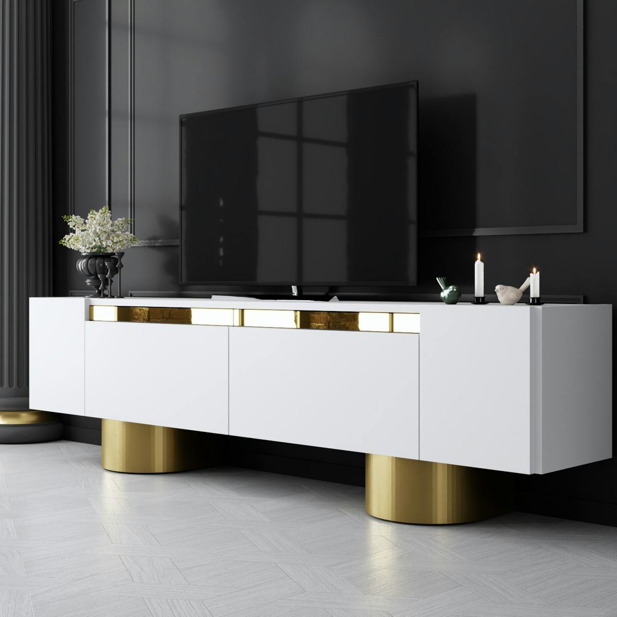 Meuble TV blanc et or design 2 portes abattantes JENA blanc, PIER IMPORT