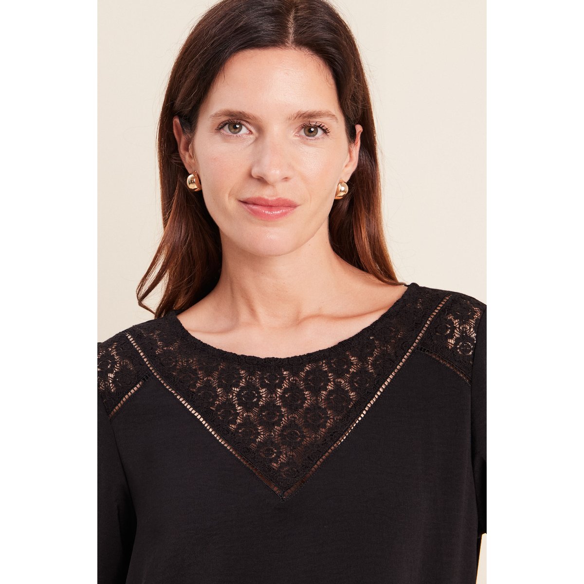 Blouse droite manches longues dentelle noir, BREAL