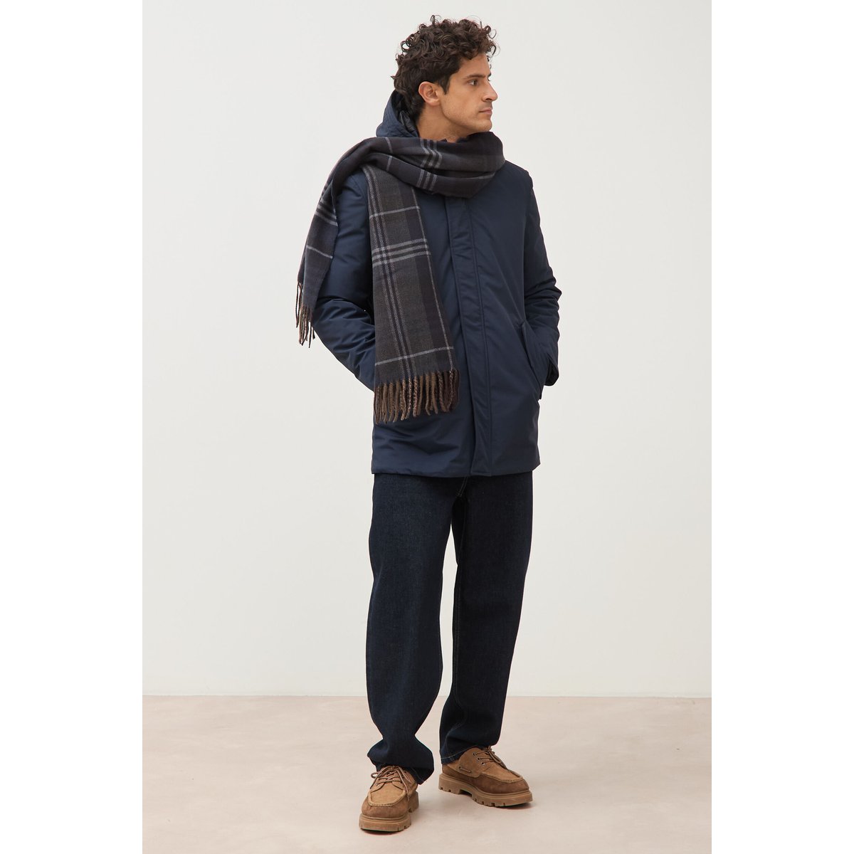 Parka longue droite à capuche bleu marine, BONOBO