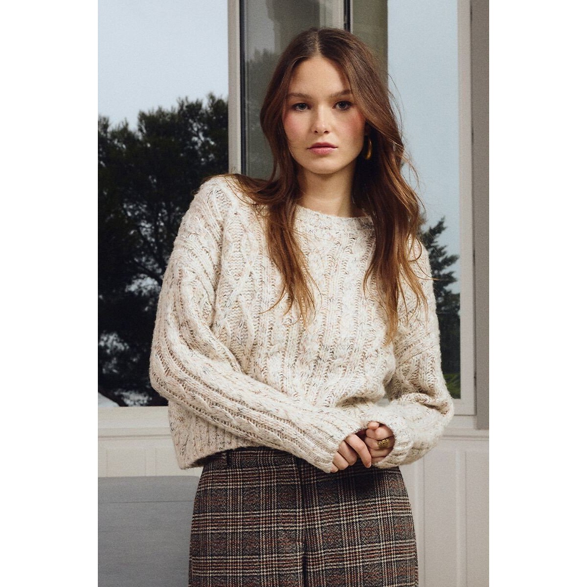 Pullover, runder Ausschnitt, Zopfmuster ecru, MOLLY BRACKEN