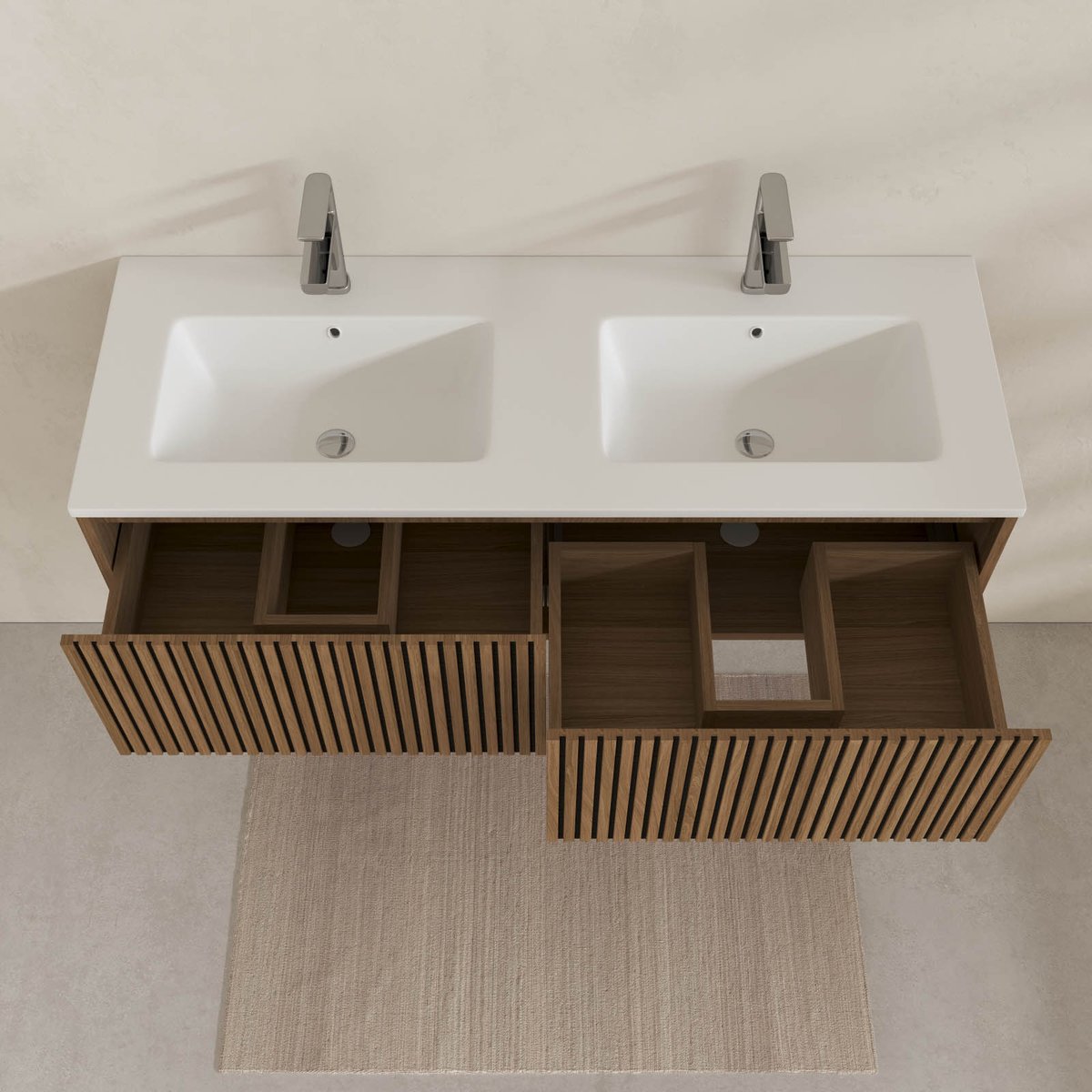 Meuble de salle de bain suspendu avec façade crantée, vasque(s) et miroir(s) LED naturel, HOME MAISON