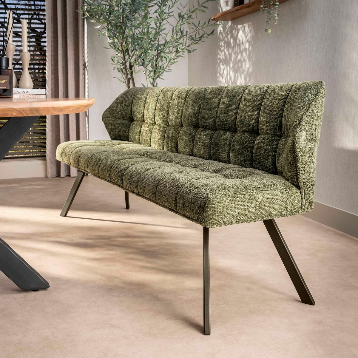 Banc de table brun chaud pieds bronze 180 cm MELBOURNE vert tissé - pieds bronze, PIER IMPORT