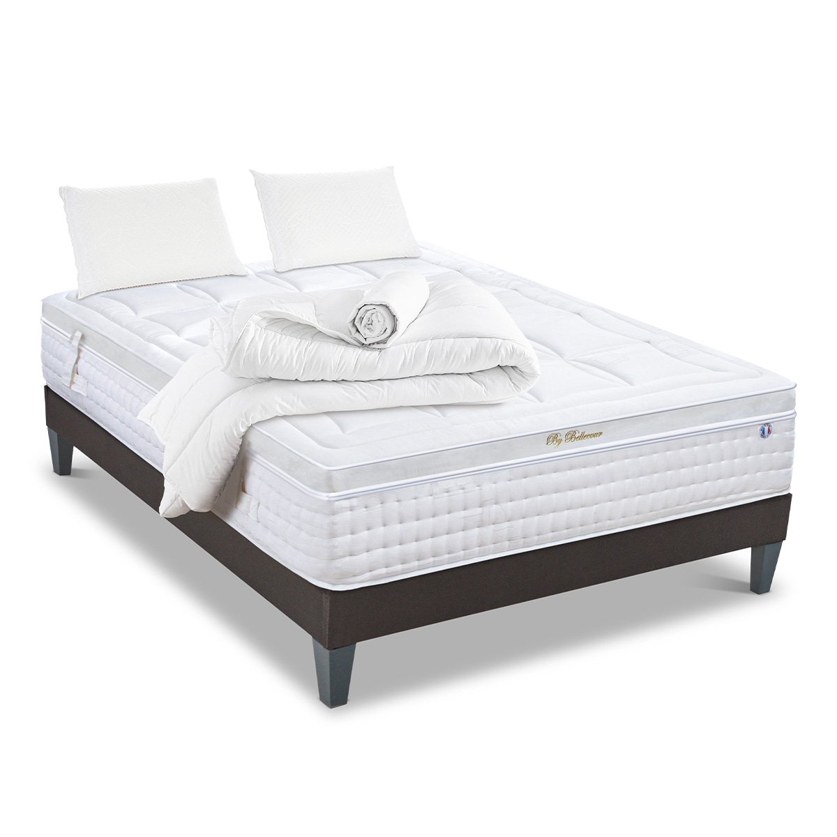 Pack Empereur 140x190 cm Matelas Mousse + Sommier Bois + Accessoires blanc, BELLECOUR