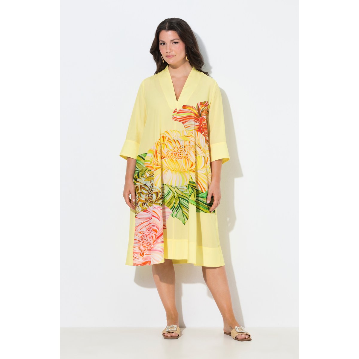 Robe midi en Lyocell, motif floral jaune citron, ULLA POPKEN