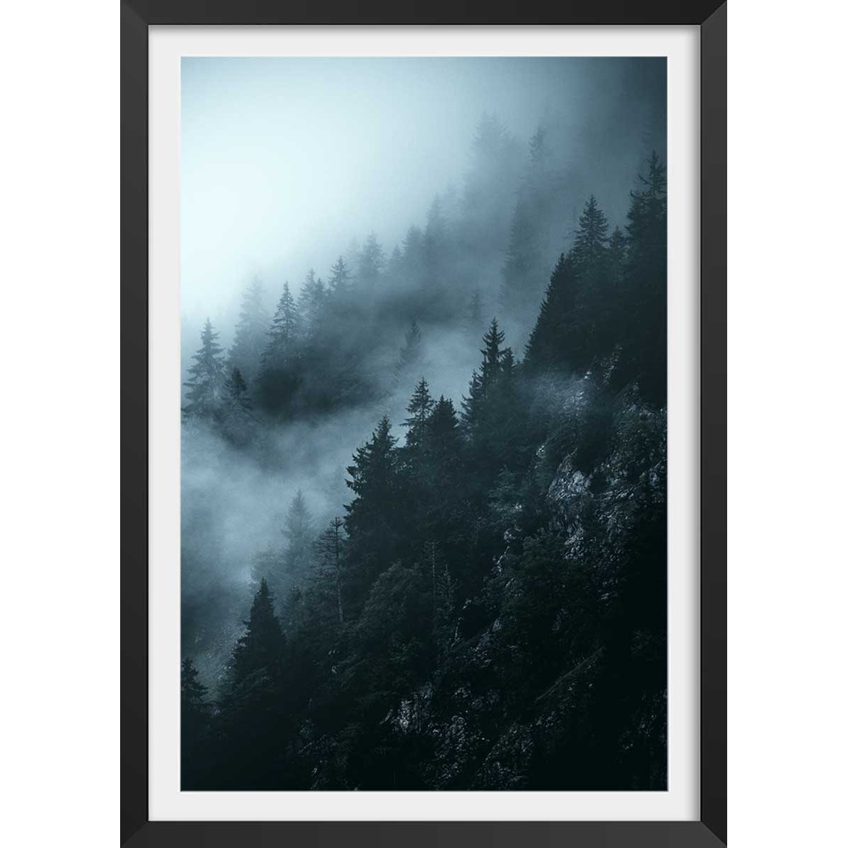 Affiche paysage suisse au petit matin affiche + cadre en bois - noir, HEXOA