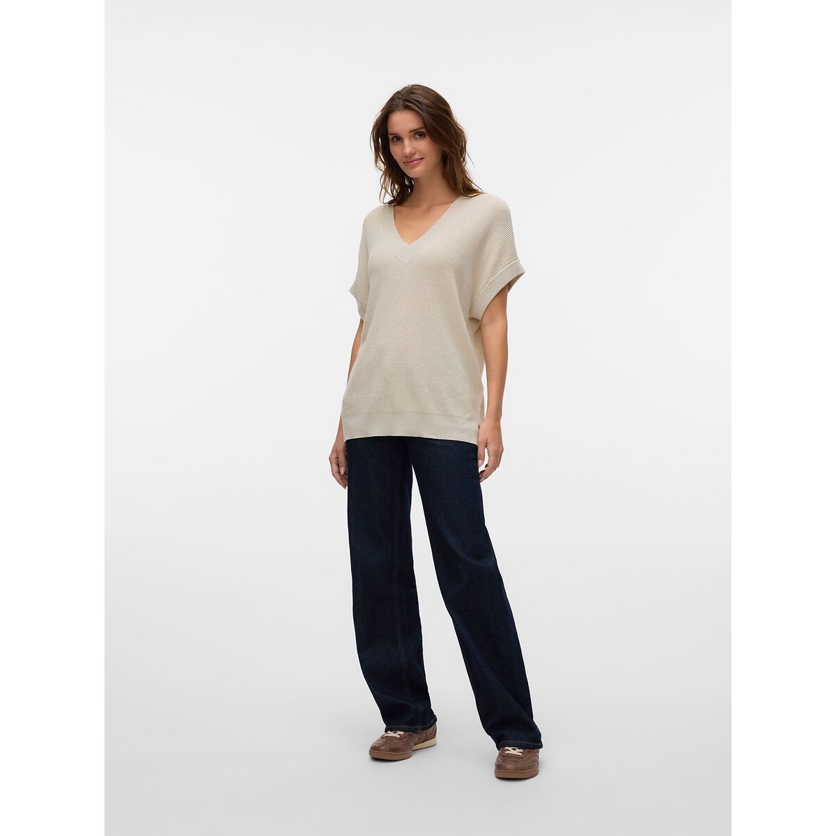 Short Sleeve V-Neck Jumper ecru , VERO MODA