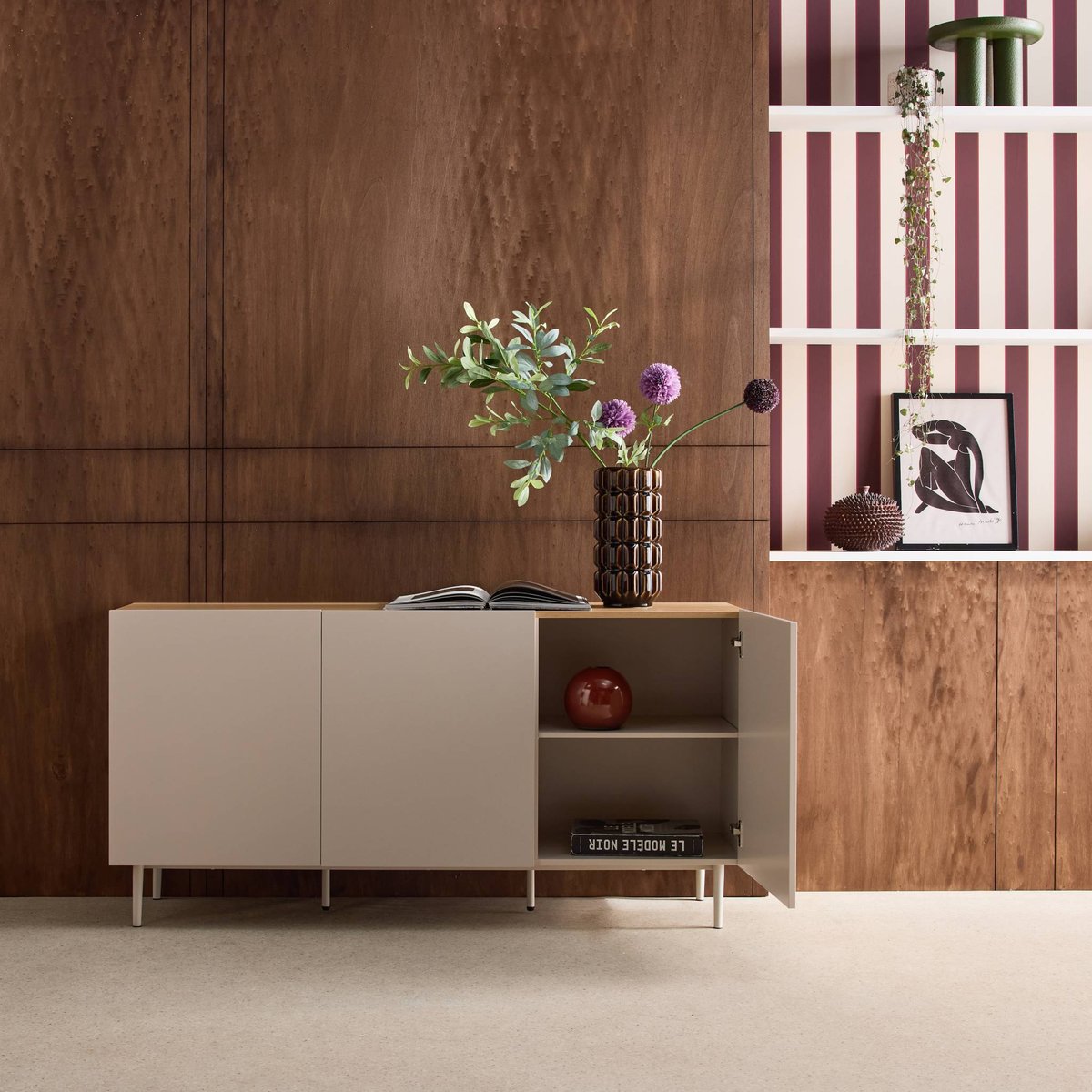 Buffet décor bois piétement métal 3 portes 150cm ASHTON gris, SWEEEK