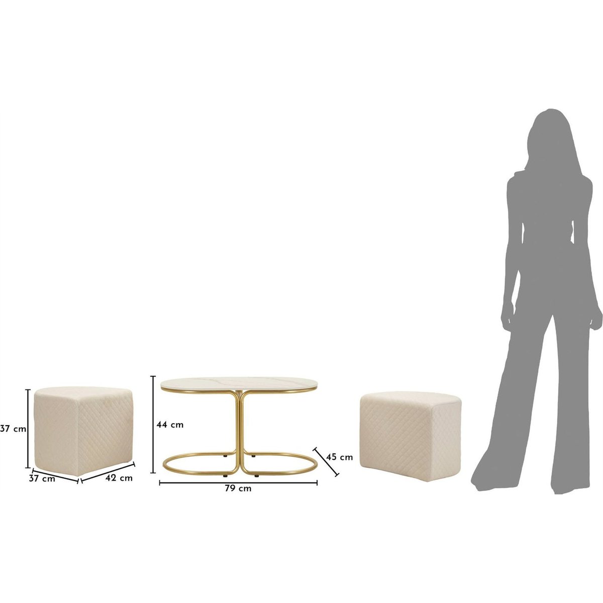 Table basse effet marbre avec 2 poufs MODERN blanc et doré, RECOLLECTION
