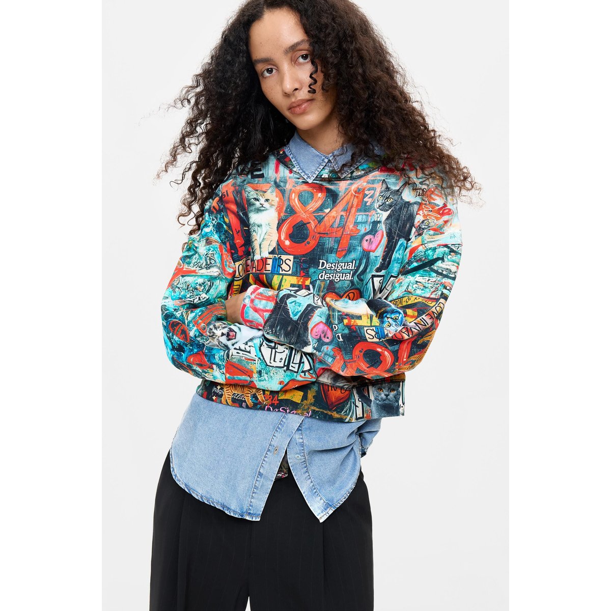 Sweat-shirt imprimé 100 % coton noir, DESIGUAL