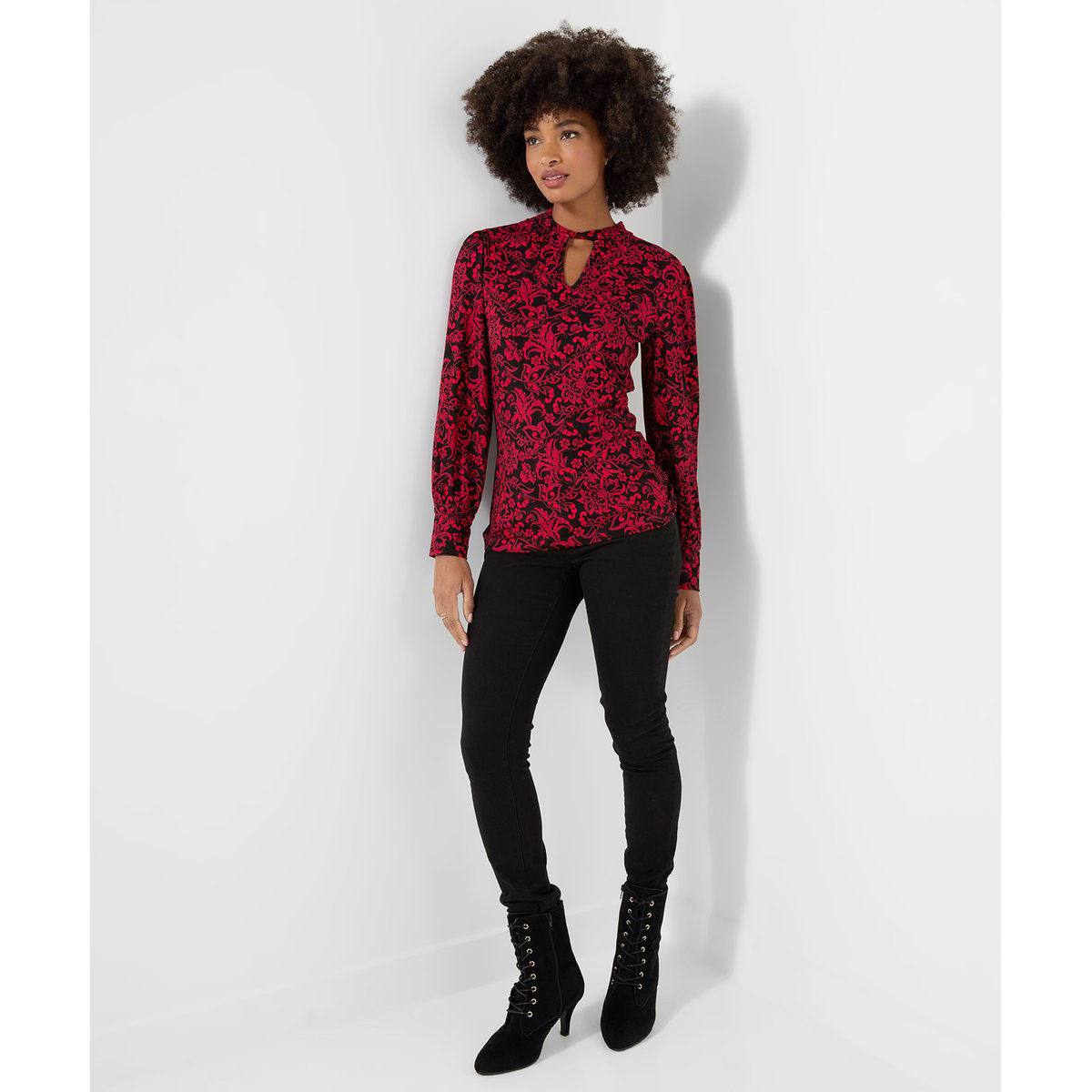 Blouse en Jersey à Col Montant Imprimée et Détail Ajouré Violet rouge, JOE BROWNS