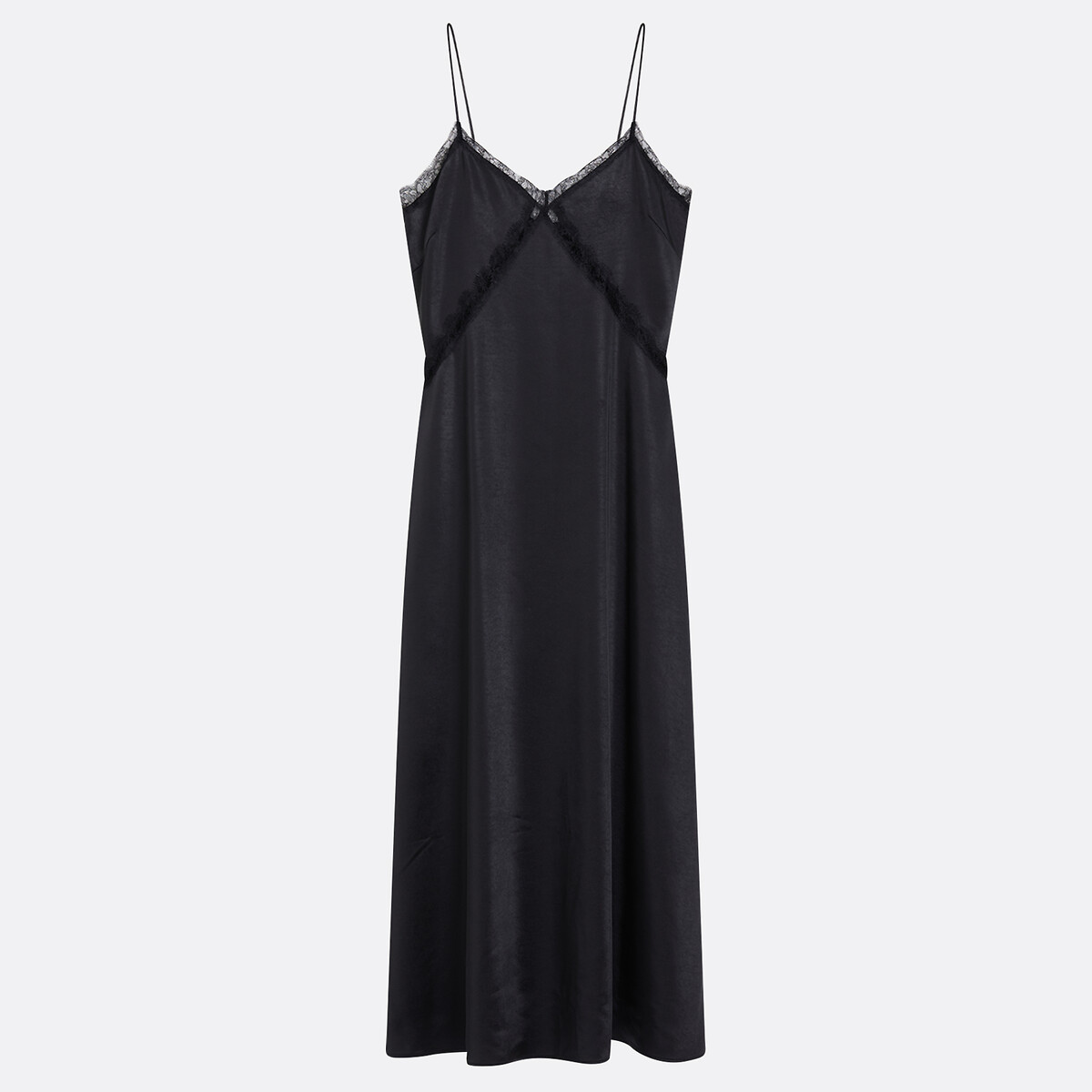 Robe longue en satin à fines bretelles et dentelle noir, LA REDOUTE COLLECTIONS