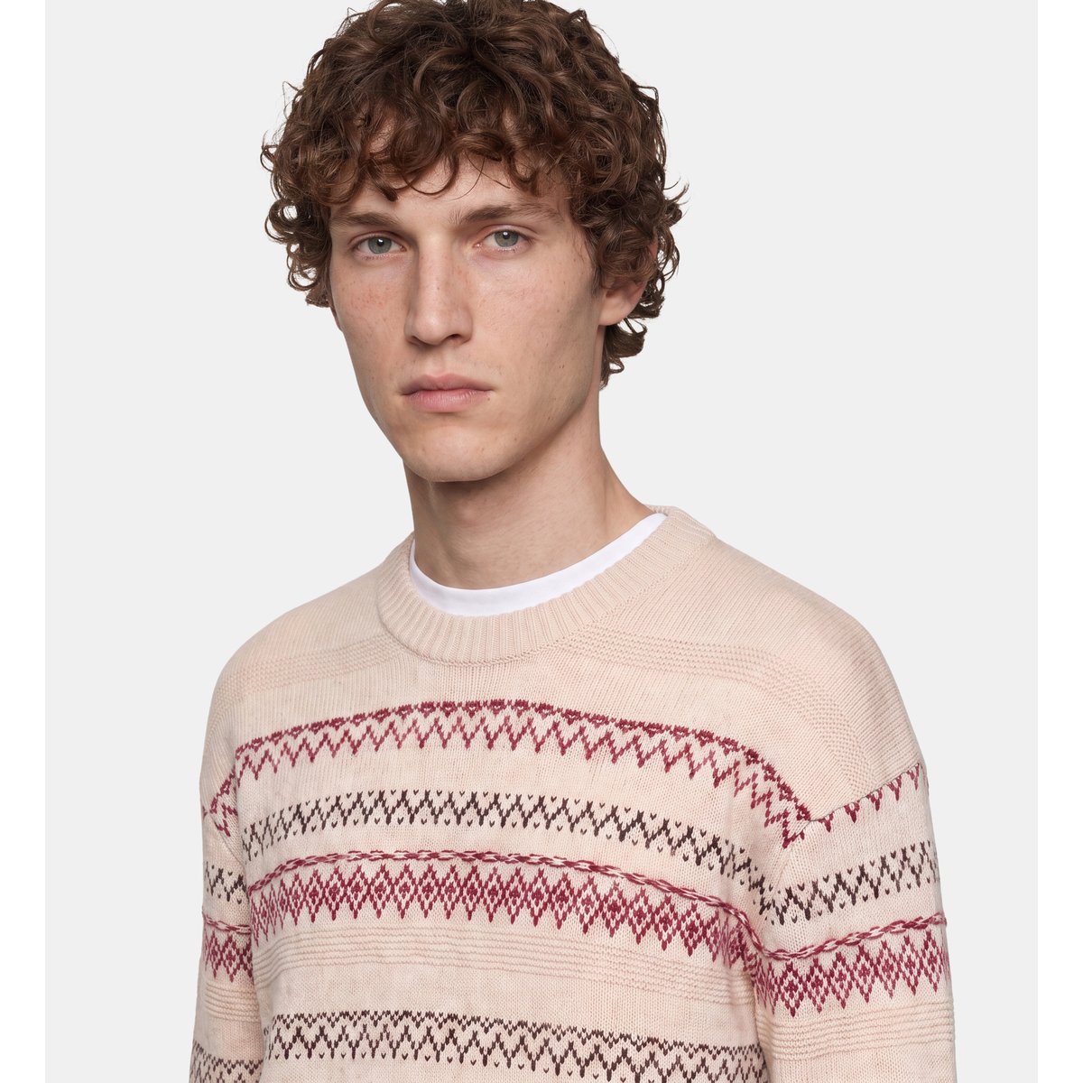 Pull takard en laine et nylon à jacquard beige et rouge, GALERIES LAFAYETTE
