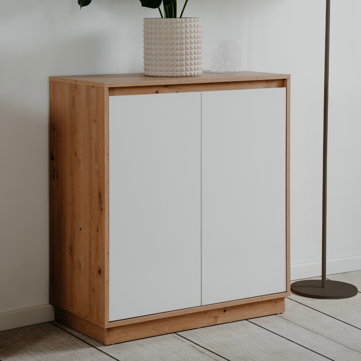 Petit buffet 2 portes L79 cm - PHOENIX chêne artisan / blanc brillant, CALICOSY