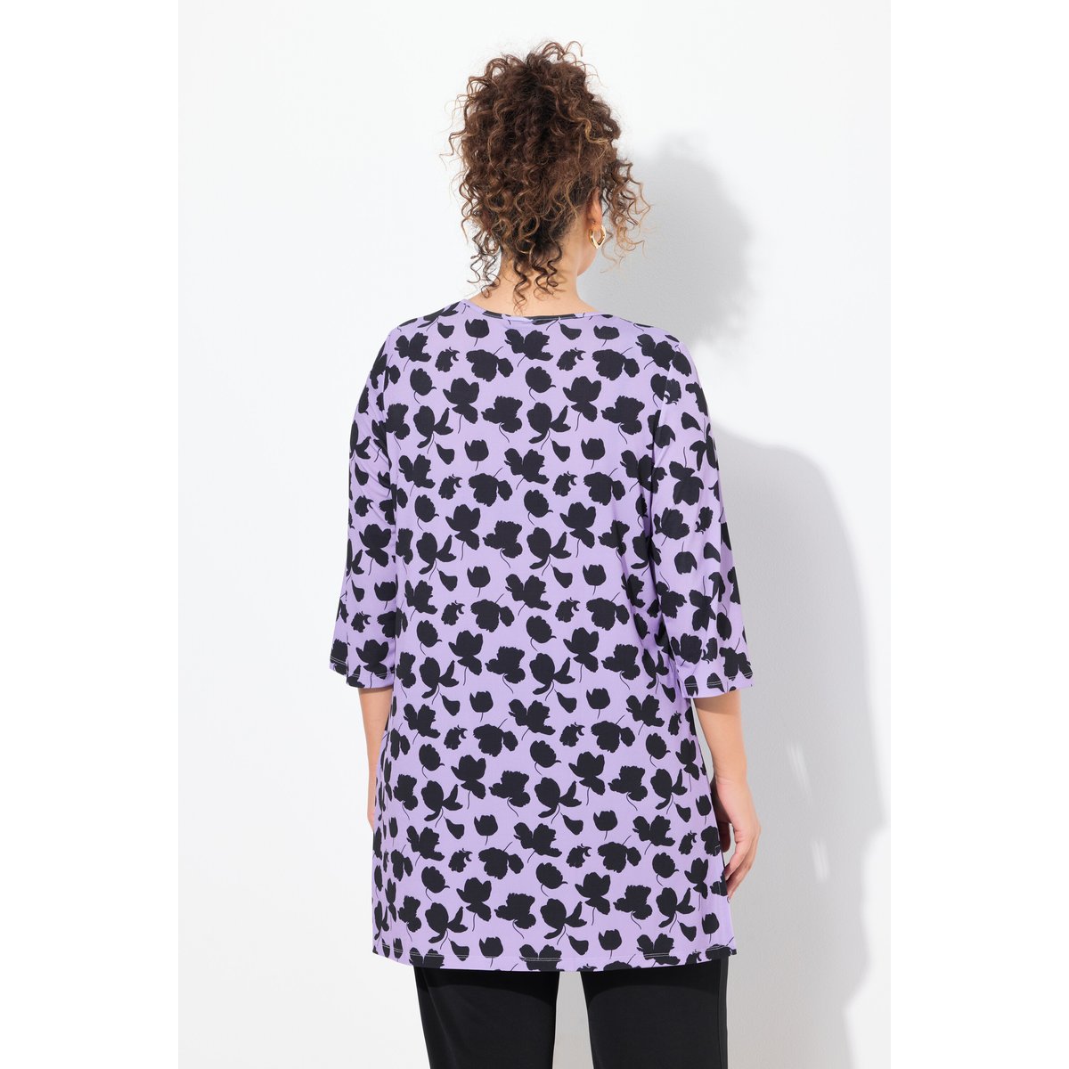 T-shirt long, col tunisien et manches 3/4 lavande, ULLA POPKEN