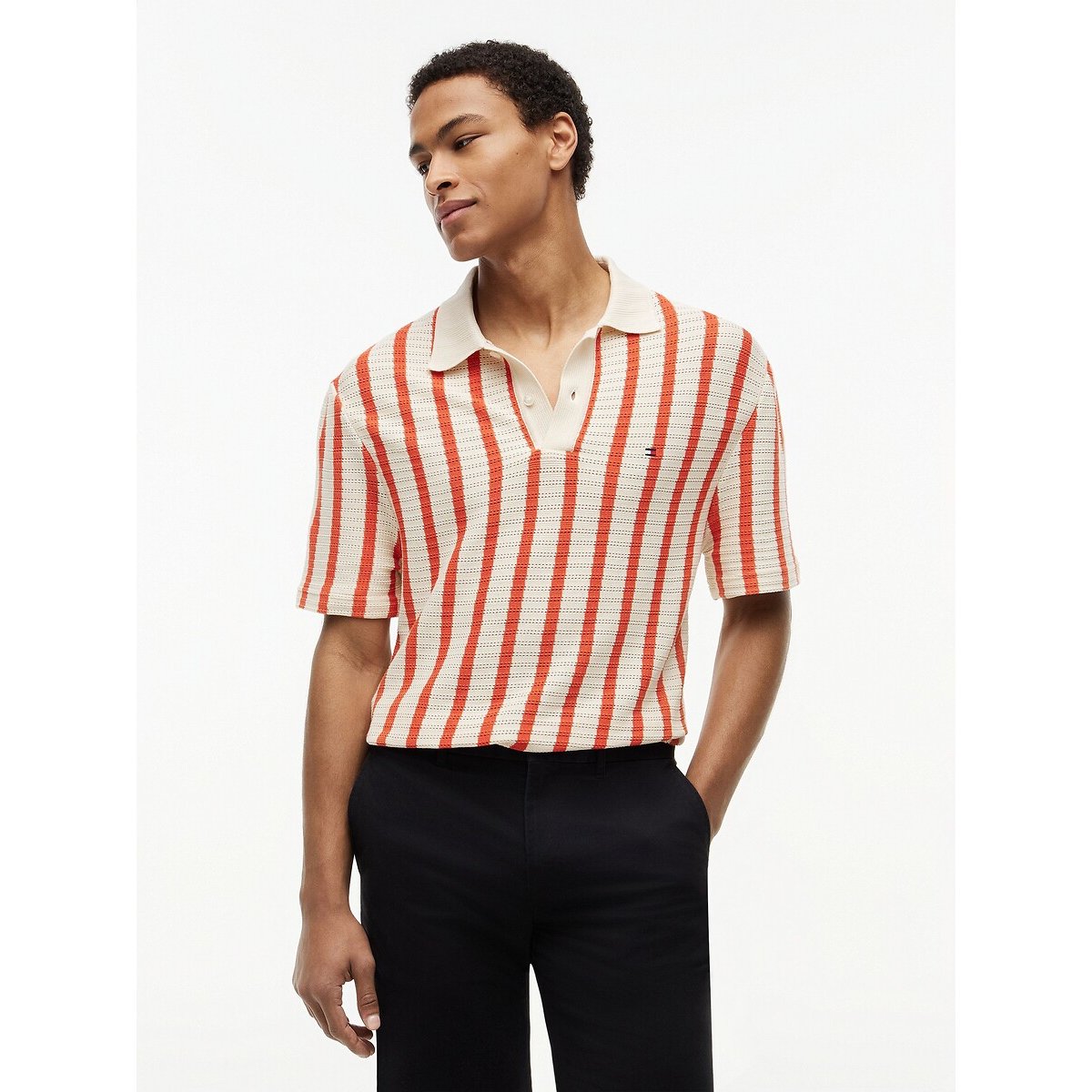 Polo rayé en maille reliefée rayé orange, TOMMY HILFIGER