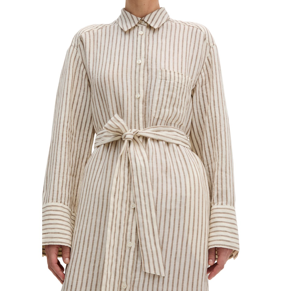 Robe-chemise en lin relaxed avec motif à rayures teinté dans la masse marron, MARC O'POLO