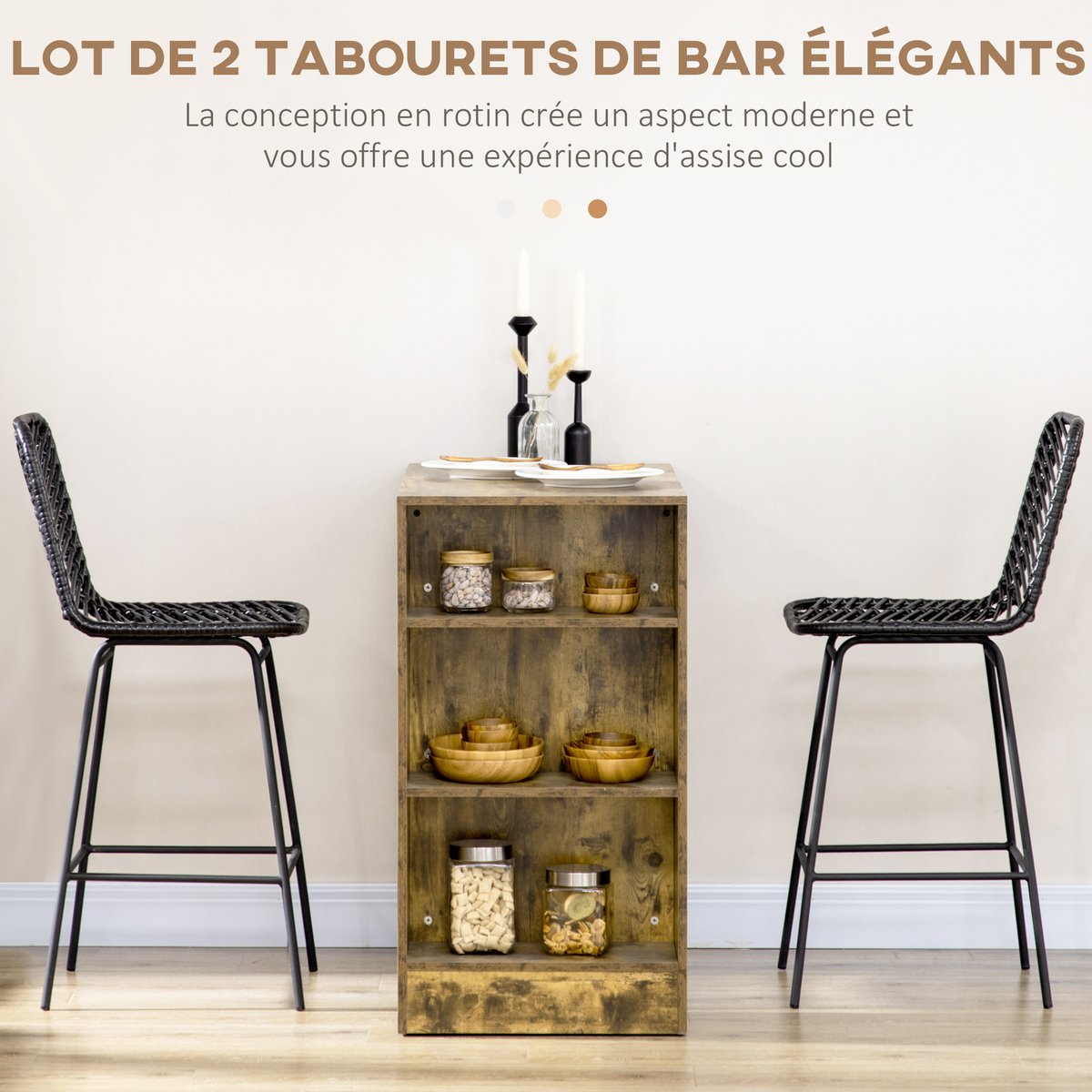 Tabouret de bar Résine tressée rotin PE Noir noir, HOMCOM