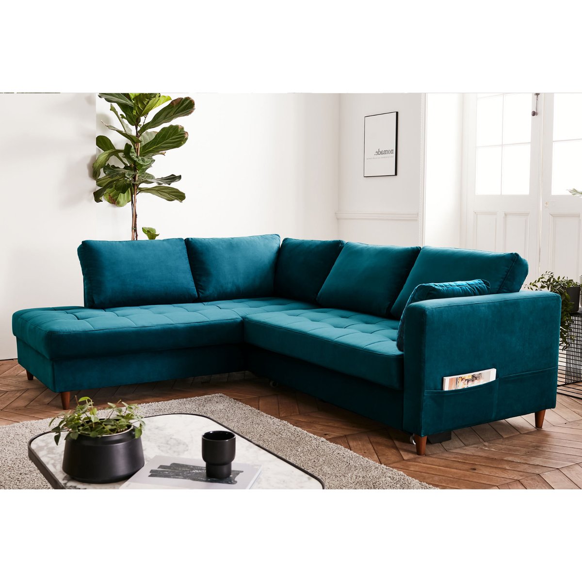 Canapé d'Angle Convertible 5 places - ANNA bleu canard, BEST MOBILIER