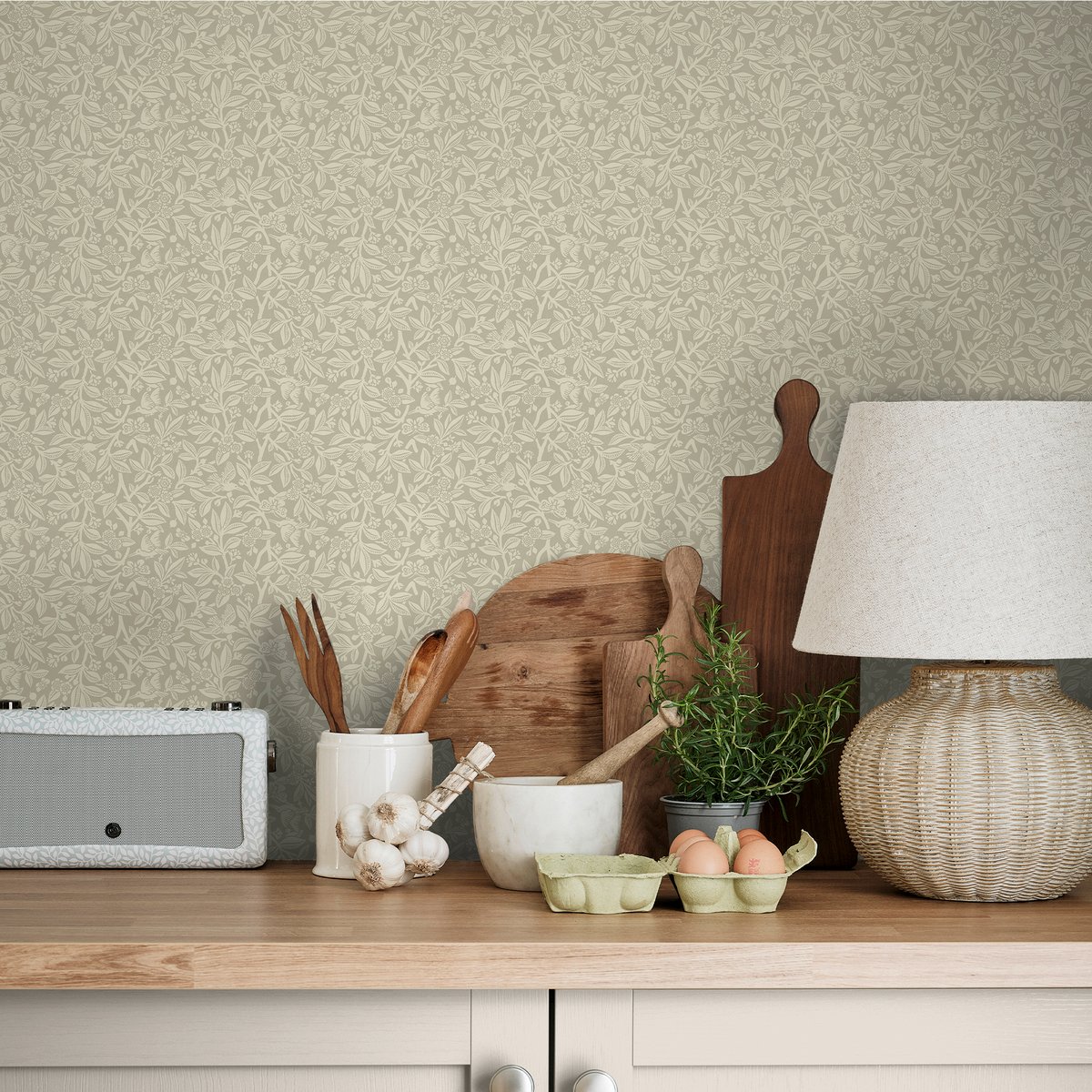 Papier peint multitude de fleurs Nutgrove beige doux grisé, LAURA ASHLEY