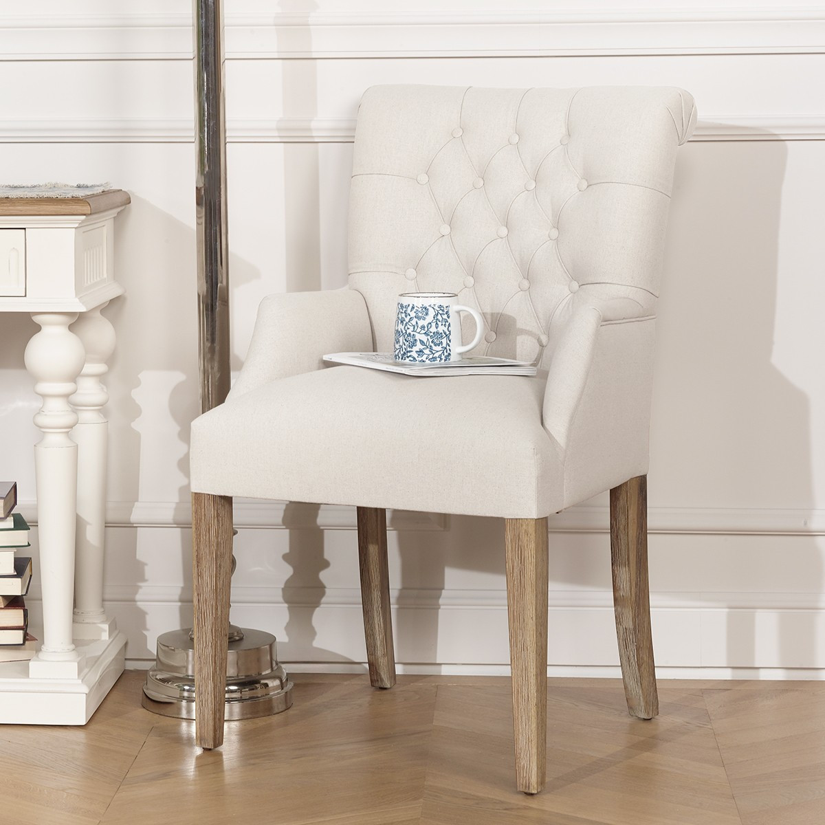 Fauteuil de table capitonné style contemporain en hévéa et lin coton AGATA ficelle, ROBIN DES BOIS