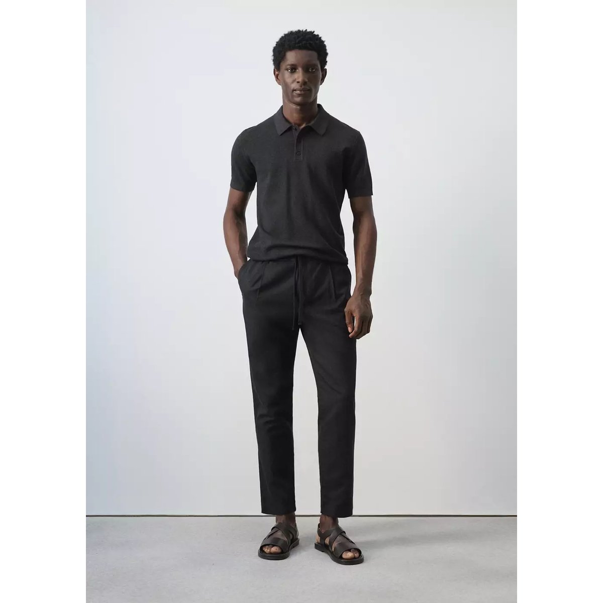 Pantalon slim fit cropped en lin et coton noir, MANGO MAN