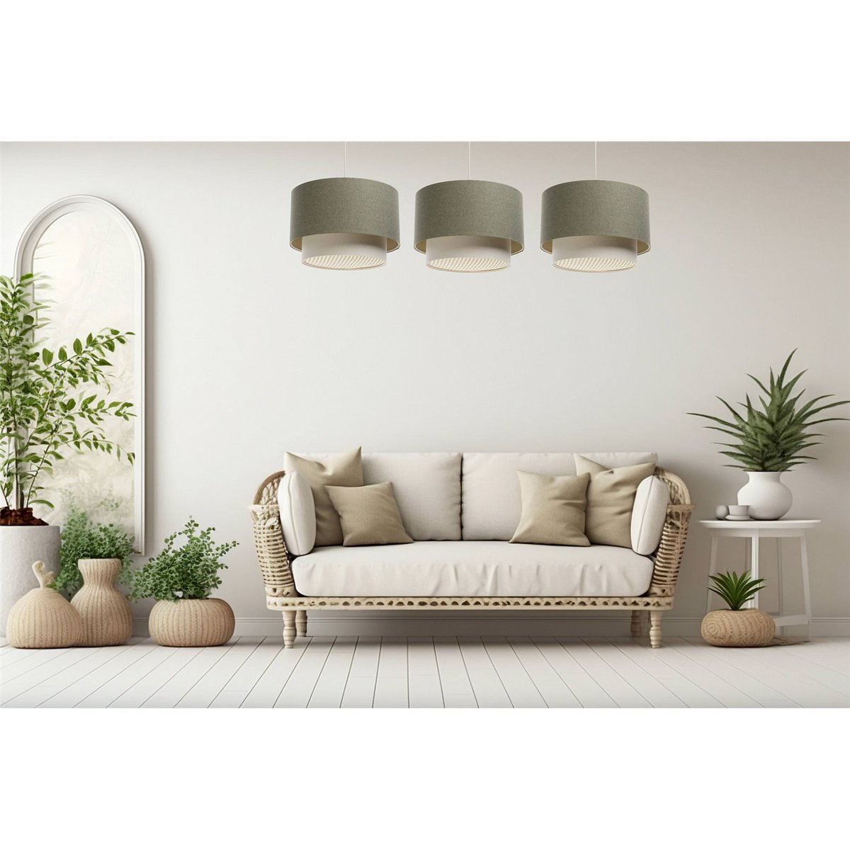 Suspension ronde en tissu et rotin Boho Elegant beige crème et rotin naturel, BPS KONCEPT