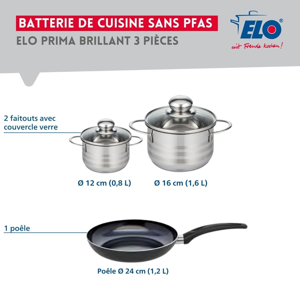 Batterie 1 poêle 24cm + 2 faitouts 12/16cm PRIMA BRILLANT noir, ELO