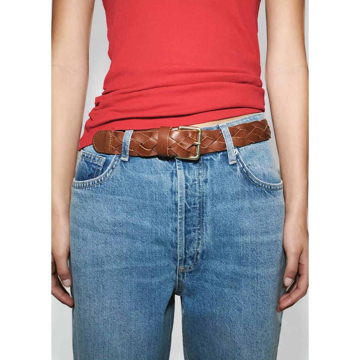 Ceinture en cuir tressée marron, MANGO
