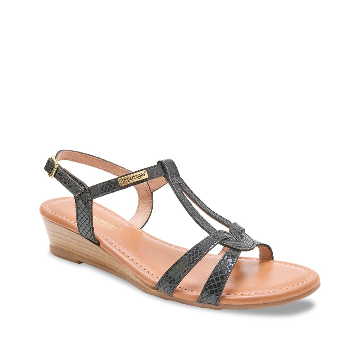 Sandales semi-compensées en cuir Hactress noir, LES TROPEZIENNES PAR M.BELARBI