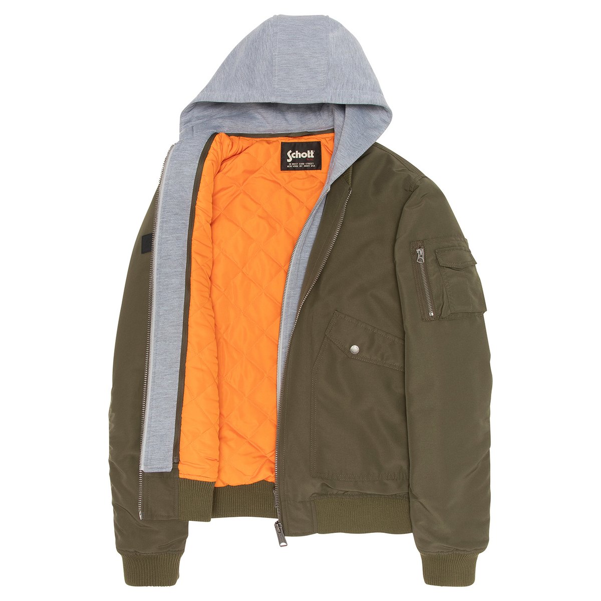 Bomber à capuche moletton kaki, SCHOTT