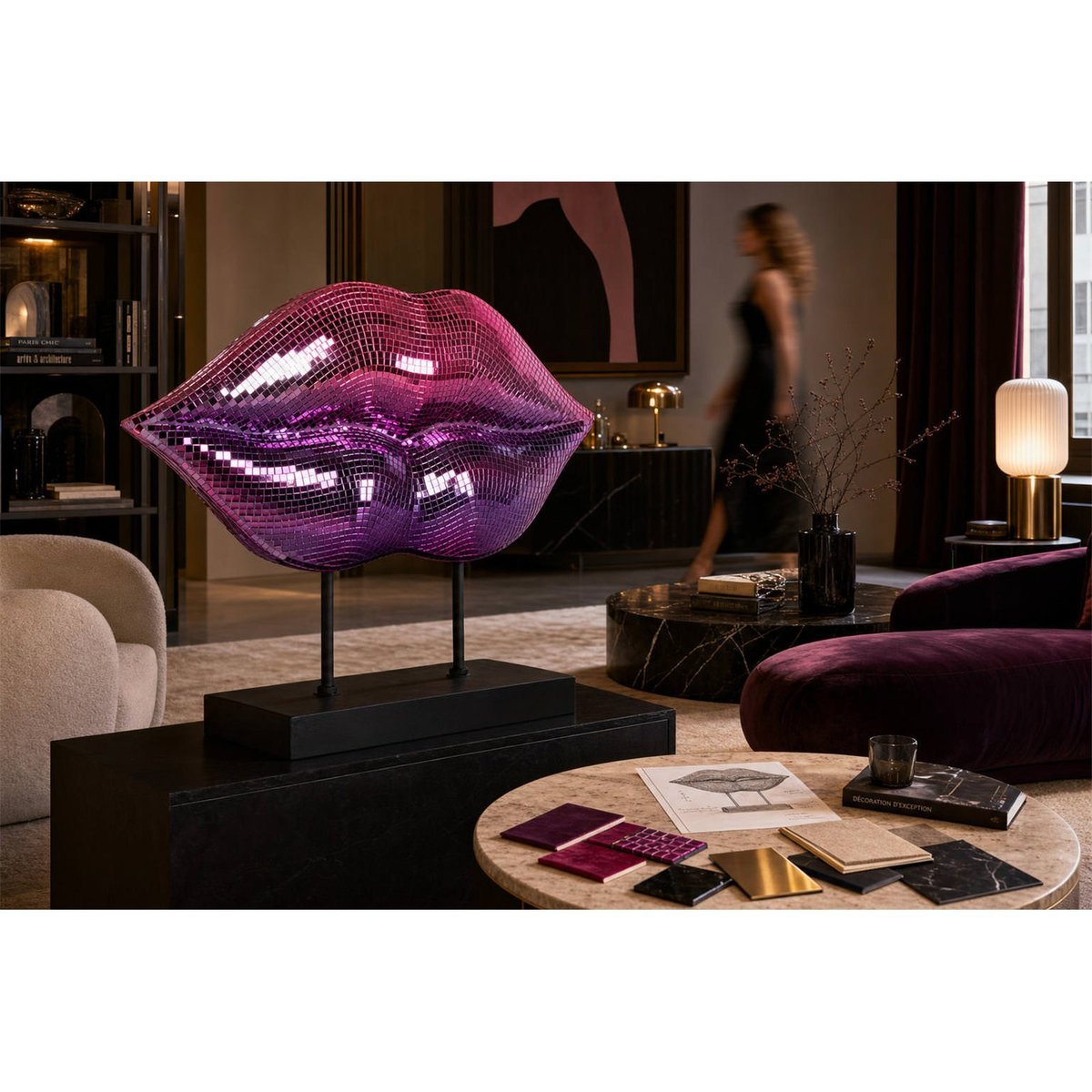 Objet déco bouche effet miroir en résine rose effet miroir et noir, RECOLLECTION