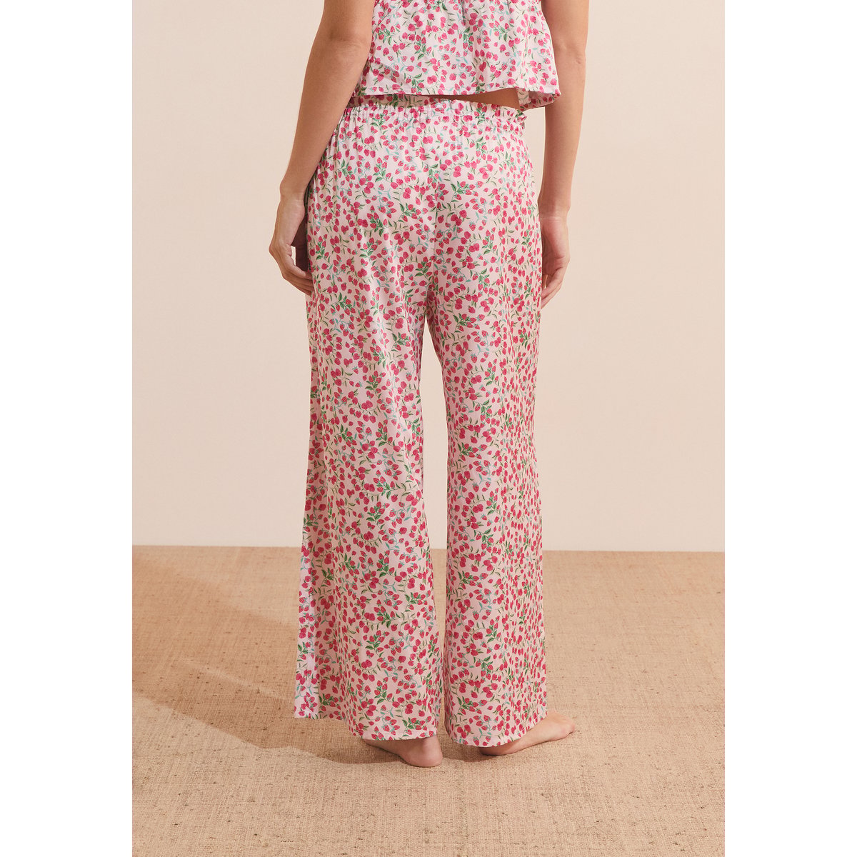 Pantalon de pyjama à motifs fleuris satiné FEUILLINE imp fond rose, ETAM